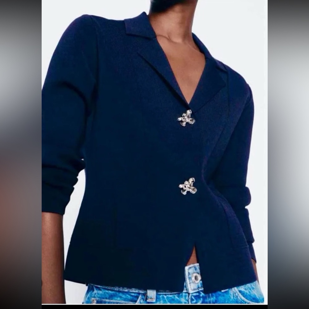 NWT Zara Flower Button Knit Cardigan Blazer Sweater in Navy Blue size Medium - Picture 2 of 12